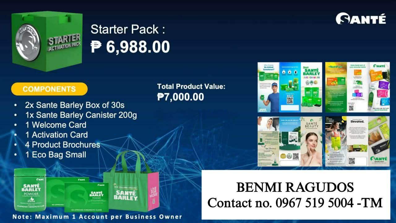 STARTER PACKAGE (Lifetime Discounts 40%Off & another less 5% Off to All Sante Products)