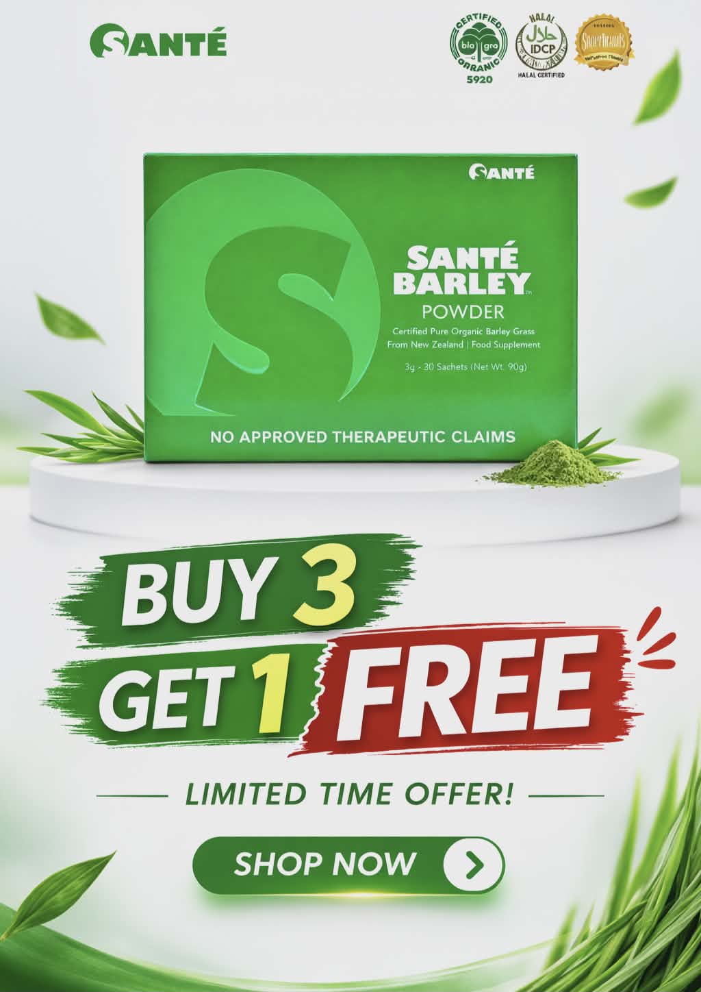 Buy3 Get1 Free Santé Barley Powder (3g x 30 sachets) with Stevia